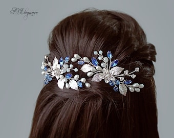 Pasador de pelo nupcial azul, pieza de pelo nupcial azul marino, conjunto de pasadores de pelo de boda de plata, accesorio de pelo de zafiro, algo azul, boda azul real