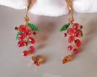 Red Crystal Dangle Earrings, Gold Boho Lever Back Earrings, Christmas Gifts for Her