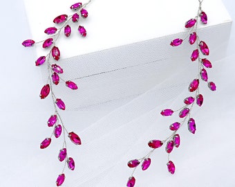 Fuchsia Pink Crystal Hair Vine, Hot Pink Rhinestone Hair Pieces for Bride, Rose Pink Diamond Hair Vine, Two-Piece Bright Pink Hair Vine