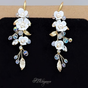 White Porcelain Flower Bridal Earrings, Floral Bride Earrings, Wedding Flower Jewelry, Flower Bracelet & Long Dangle Earrings, Boho Necklace