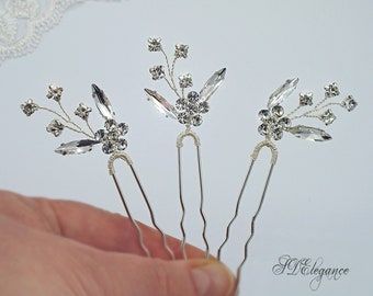 Set of 3 hair Pins, Swarovski Crystal Hair Pins, Rhinestone Hair Pins, Silver Bridal Hair Pin, Small Wedding Hair Pins, Flower Hair Pins