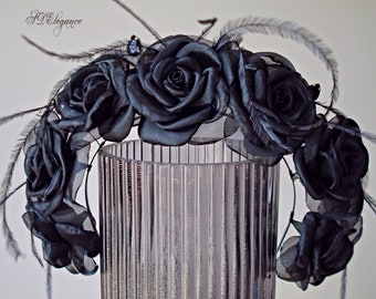 Black Rose Headband, Black Rose Halo Crown, Halloween Flower Crown, Black Flower Crown, Gothic Headpiece, Mexican Rose Crown, Black Wedding