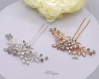 Pearl Crystal Hair Pin, Wedding Hair Pin, Leaf Hair Pin, Floral Hair Pin, Gold Hair Pins, Bridal Headpiece, Bridesmaid Hair Jewelry