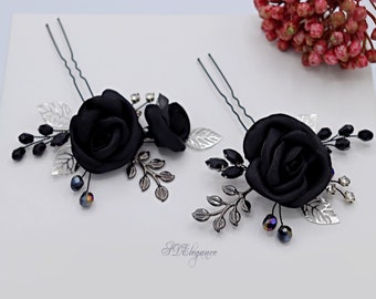 Black Rose Crystal Hair Pins, Black Flower Hair Pin, Gothic Wedding Hair Pieces, Black Floral Hair Pins, Black Rose Leaf Hair Pins
