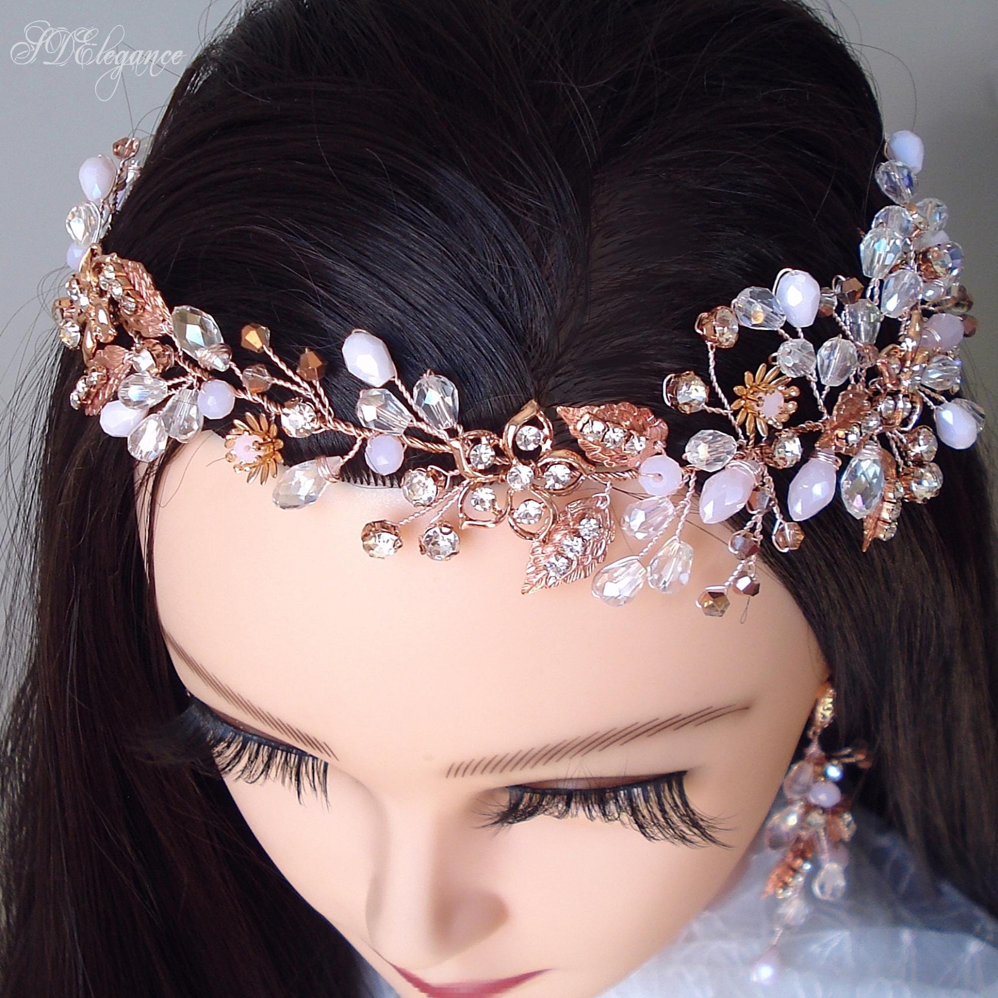 Rose Gold Crystal Crown, Wedding Headband, Rose Gold Tiara 