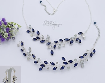Dark Blue Crystal Jewelry Set, Navy Blue Necklace, Dark Sapphire Crystal Bracelet and Earrings, Something Blue, Blue Wedding Jewelry