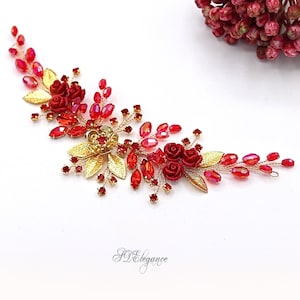 Red Bridal Hair Vine, Red Rose Floral Headpiece, Swarovski Crystals Red Flower Hair Comb, Gold Leaf Red Hair Vine, Red Bridesmaid Hair Piece