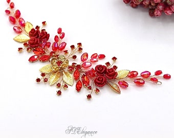 Red Bridal Hair Vine, Red Rose Floral Headpiece, Swarovski Crystals Red Flower Hair Comb, Gold Leaf Red Hair Vine, Red Bridesmaid Hair Piece