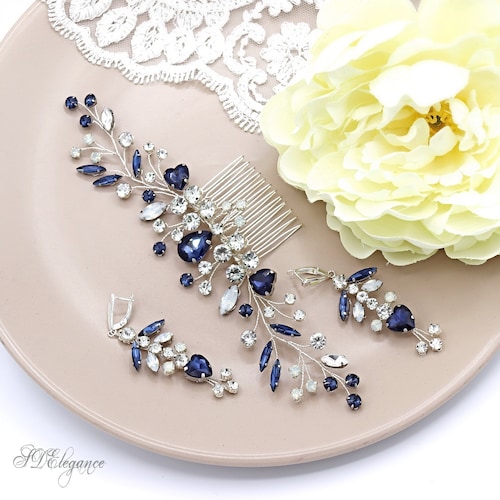 Baby Blue/dark blue Swarovski crystal hair fork High Quality Swarovski Cobalt Blue Floral Crystal Hair Clips  main image 3