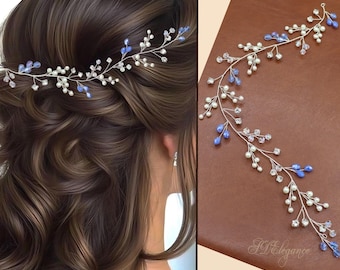 Adorno para el cabello de novia con cristales de perlas azules, tocado de boda plateado o dorado.