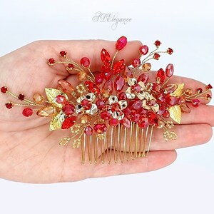 Red Crystal Hair Comb & Hoop Earrings, Red Wedding Jewelry Set, Flower Hair Comb, Bridesmaid Hair Comb, Red Hair Piece, Red Hair Accessories