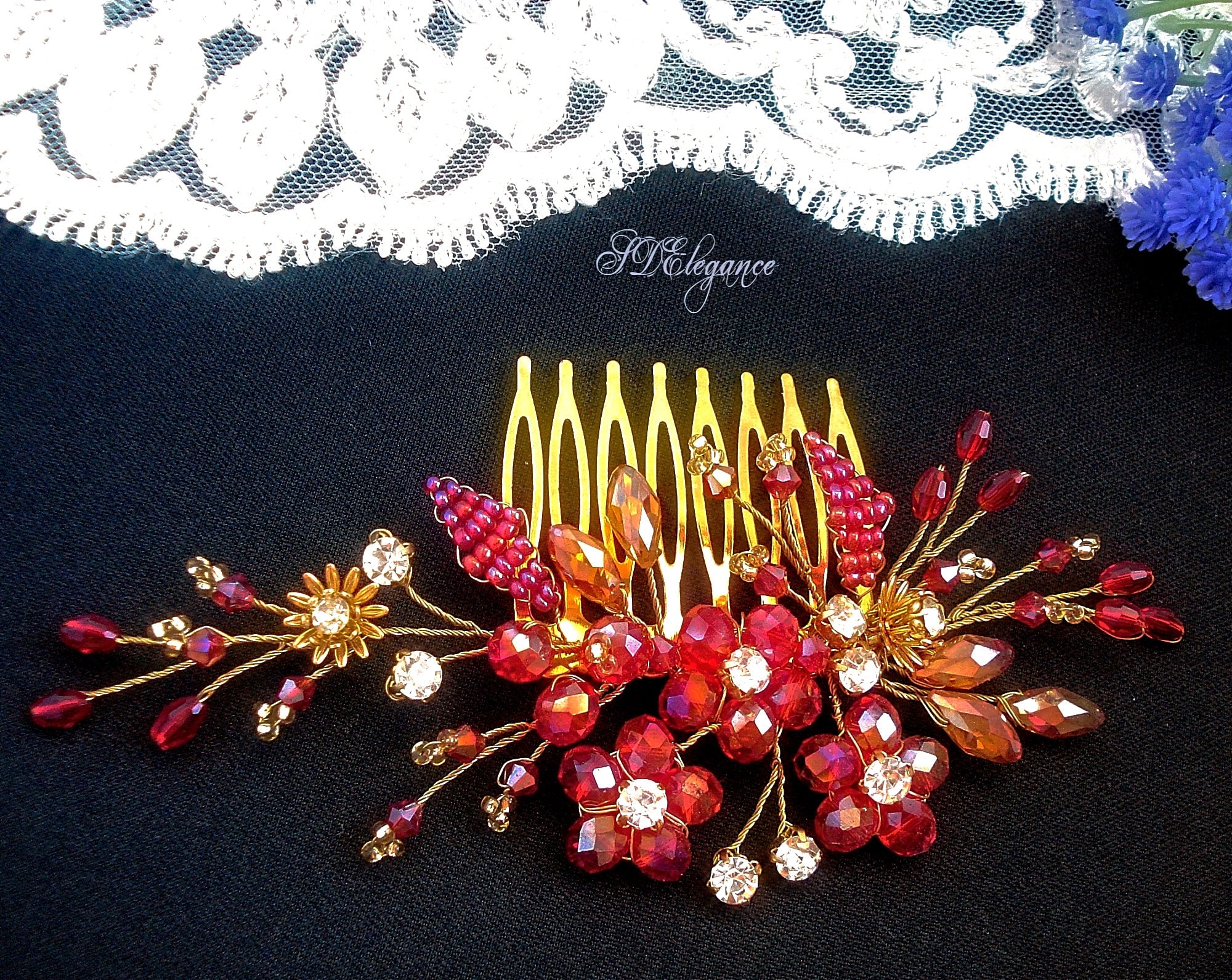 Braut-Haarkamm Mit Roten Kristallen – Perlen & Rubin-Schmuck Für Hochzeit, Ball, Party