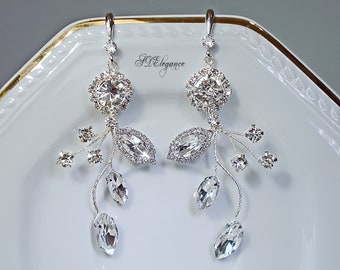 Swarovski Crystal Bridal Earrings, Rhinestone Earrings, Long Dangle Earrings, Floral Wedding Earrings, Vintage Bridal Earrings, Vine Earring