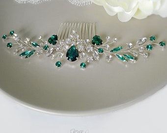 Green Crystal Hair Comb, Emerald Bridal Hair Comb,  Dark Green Swarovski Hair Comb, Green Rhinestone Wedding Hair Comb, Emerald Bridal Set