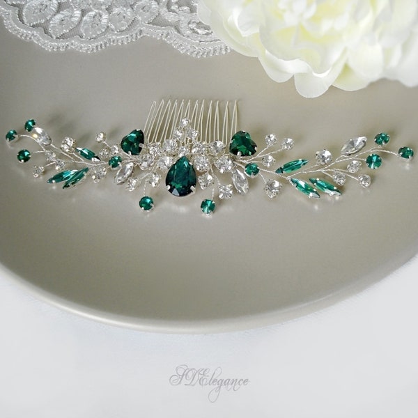 Green Crystal Hair Comb, Emerald Bridal Hair Comb,  Dark Green Swarovski Hair Comb, Green Rhinestone Wedding Hair Comb, Emerald Bridal Set