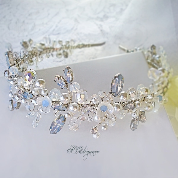 Fascia nuziale floreale di cristallo, diadema opale blu, corona di fiori nuziali, fascia di perle, diadema di cristallo di perle, fascia di diadema, corona d'argento