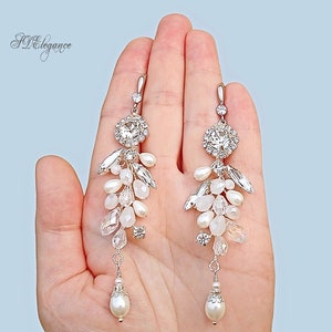 Pearl Crystal Long Dangle Earrings, Silver Wedding Earrings, Swarovski Crystal Earrings, Chandelier Bridal Earrings, Drop Earrings Bride