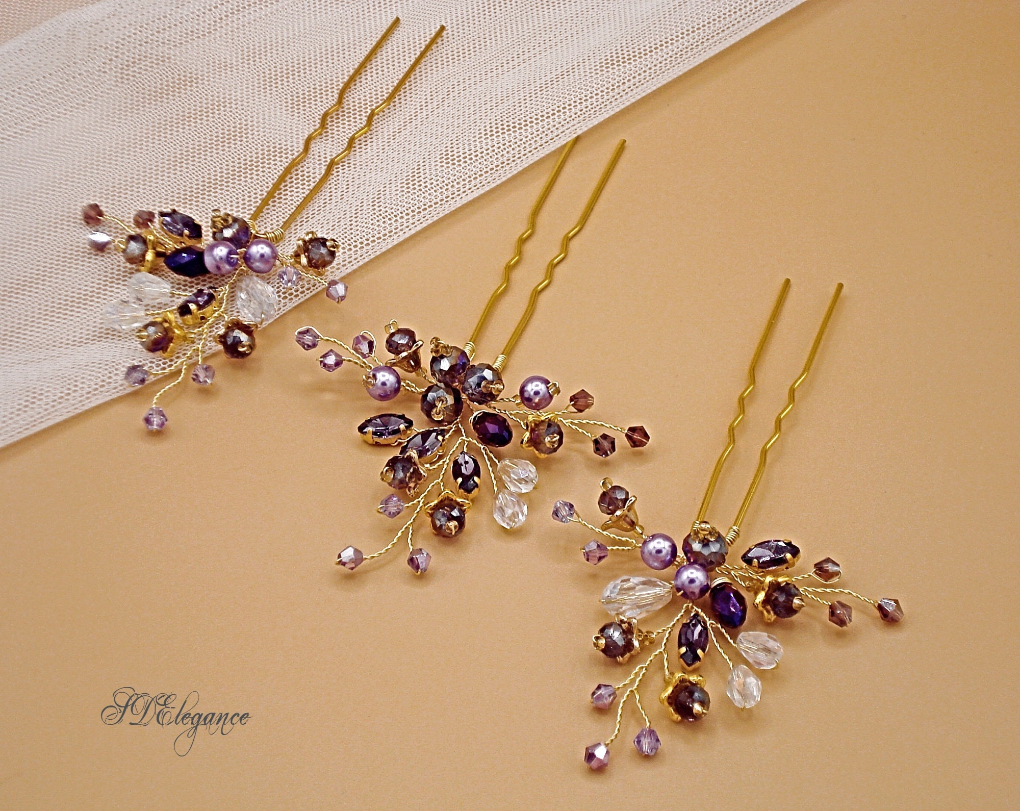 Lavender Hair Pins Wedding Purple Hair Pin Set Gold Crystal Etsy