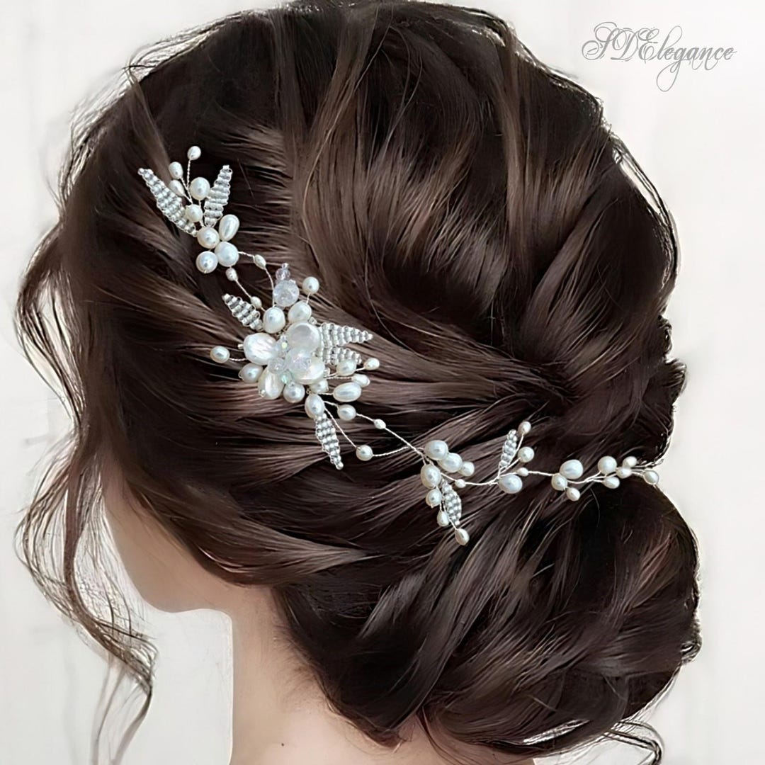 Pearls Chiffon Flower Bridal Wedding Hair Vine Clip & Earrings
