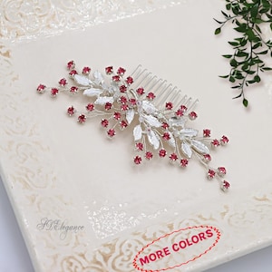 Hot Pink Wedding Hair Comb Crystal, Bright Pink Silver Leaf Bridal Comb, Mother Of The Bride Headpiece, Bridesmaids Comb, Bridal Hair Piece