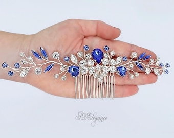 Blue Crystal Hair Comb, Royal Blue Wedding Hair Comb, Rhinestone Hair Comb, Sapphire Bride Hair Comb, Big Headpiece Blue, Crystal Hair Piece