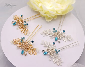 Aquamarine Hair Pins, Aqua Blue Pearl Crystal Hair Pins, Leaf Wedding Hair Pin, Floral Bridal Hair Pins, Turquoise Rhinestone Hair Pieces