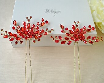 Red Crystal Hair Pins, Bridal Hair Accessory, Red Wedding Headpiece