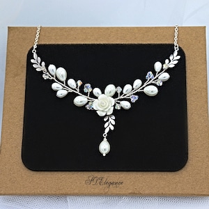 Flower Bridal Necklace, Wedding Necklace & Earrings Silver, Bridal Jewelry Set, Boho Necklace, Pearl Crystal Necklace, Silver Prom Necklace image 1