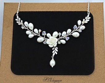 Flower Bridal Necklace, Wedding Necklace & Earrings Silver, Bridal Jewelry Set, Boho Necklace, Pearl Crystal Necklace, Silver Prom Necklace