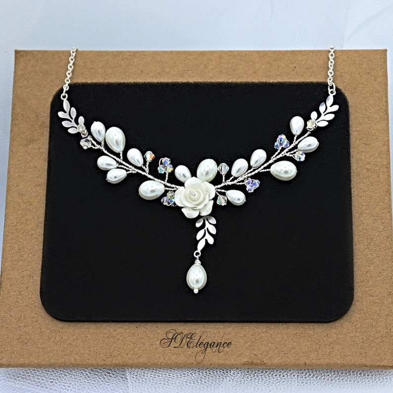Flower Bridal Necklace, Wedding Necklace & Earrings Silver, Bridal Jewelry Set, Boho Necklace, Pearl Crystal Necklace, Silver Prom Necklace image 1