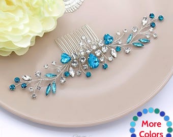 Aquamarine Crystal Hair Comb, Teal Bridal Hair Comb,  Light Blue Swarovski Hair Comb, Something Blue Hair Comb for Bride, Teal Bridal Set