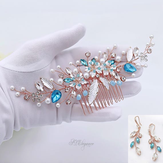 Aquamarine Rose Gold Bridal Comb & Earrings, Flower Hair  display picture 1