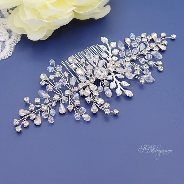 Silver Pearl Crystal Hair Comb, Bridal Jewelry Set, Swarovski Crystal Headpiece, Rose Gold Hair Comb & Crystal Drop Earrings, Gold Headpiece