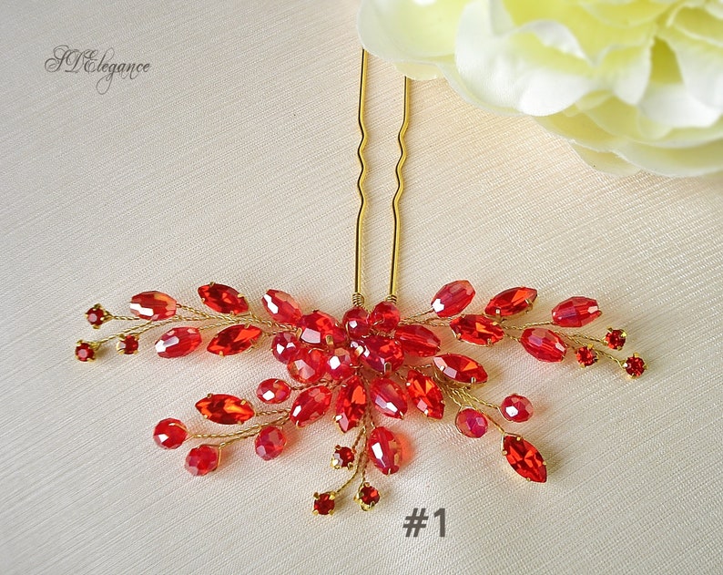 Red Crystal Hair Pins Bridal Hair Pins Gold Hair Pin Red Etsy