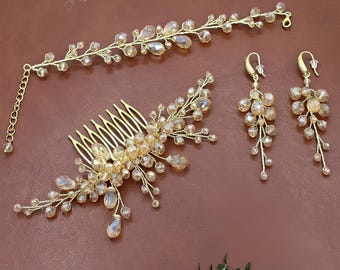 Champagne Bridal Jewelry Set, Champagne Hair Comb, Champagne Wedding Headpiece, Champagne Hair Clip, Champagne Wedding Bracelet & Earrings