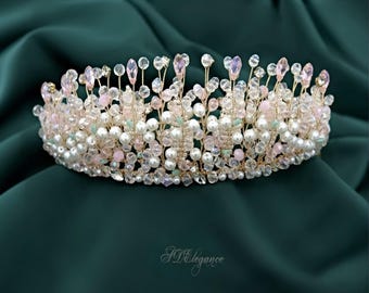 Couronne de mariage en cristal rose poudré, diadème de mariée feuille de perle, accessoire de cheveux argenté doré