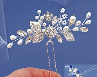 Alfileres de pelo de cristal de perla de plata u oro, alfileres de pelo de novia, clip de pelo de cristal, alfiler de pelo floral, alfileres de pelo de boda azul, tocado de dama de honor