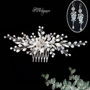 Pearl Crystal Wedding Jewelry Set, Bridal Hair Comb & Long Earrings, Dainty Silver Hair Clip, Bridal Hair Accessory, White Wedding Headpiece