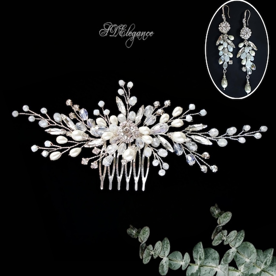 Crystal and pearl Bridal hair piece with matching earrings in silver. Amazon.com : Unicra Flower Bride Wedding Hair Vine Pearl  main image 4
