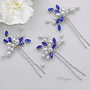 Blue Wedding Hair Pins Set of 3, Navy Blue Hair Piece, Something Blue Hair Pin, Sapphire Hair Pins, Pearl Hair Pins, Bridesmaid Headpiece