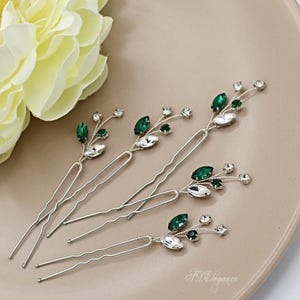 Horquillas para bodas, horquillas de esmeralda, tocado de novia de cristal, pinzas para el pelo con diamantes de imitación, horquillas para dama de honor, horquillas de Swarovski verdes.