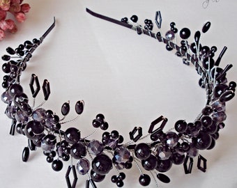 Gothic Wedding Tiara and Black Crystal Earrings, Black Crystal Headband, Gothic Wedding Hair Piece, Halloween Crown, Black Jewelry Set
