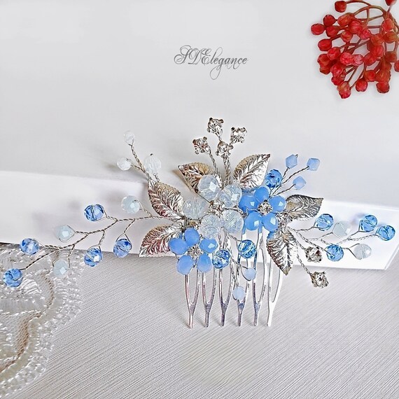 Silver and Blue Floral Hair Combs for Special Occasions Light Blue Hair Comb Winter Wedding Hair Accessories  main image 3