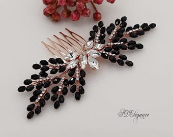Peineta de cristal negro, joyería gótica original, accesorio para el cabello de oro rosa