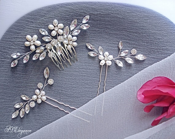 Pearl Hair Pins Bridal Silver Hair Jewelry Set Crystal Hair