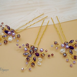 Lavender Hair Pins Wedding, Purple Hair Pin Set, Gold Crystal Hair Pin, Lilac Bridal Hair Pins, Bridesmaid Hair Pins, Violet Hair Piece