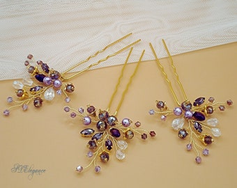 Lavender Hair Pins Wedding, Purple Hair Pin Set, Gold Crystal Hair Pin, Lilac Bridal Hair Pins, Bridesmaid Hair Pins, Violet Hair Piece