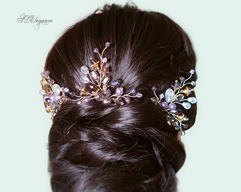 Lavender Hair Pins Wedding Purple Hair Pin Set Gold Crystal Etsy