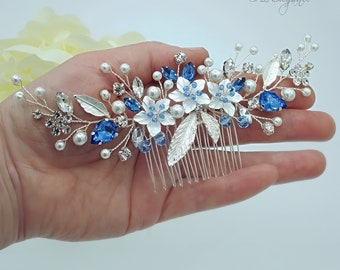 Blue Bridal Hair Comb, Navy Blue Headpiece, Silver Wedding Hair Comb, Sapphire Hair Accessory, Something Blue Jewelry, Royal Blue Wedding