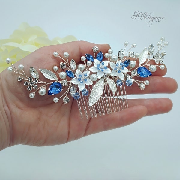 Blue Bridal Hair Comb, Navy Blue Headpiece, Silver Wedding Hair Comb, Sapphire Hair Accessory, Something Blue Jewelry, Royal Blue Wedding